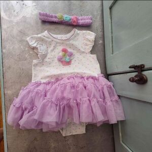 Little Me Ruffle Tulle Onesie & Headband 2 Piece Set Flowers Hearts 3 months